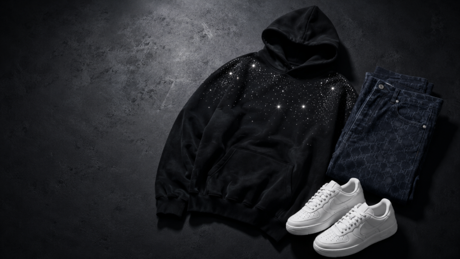 Mixed Emotion rhinestone oversized hoodie styled with monogram denim on a dark editorial background, UK USA streetwear 2026
